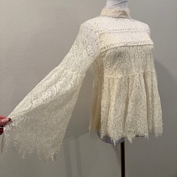 Ivory Lace Victorian Long Sleeve High Neck Blouse Cottage Boho Coquette Small - Picture 5 of 11